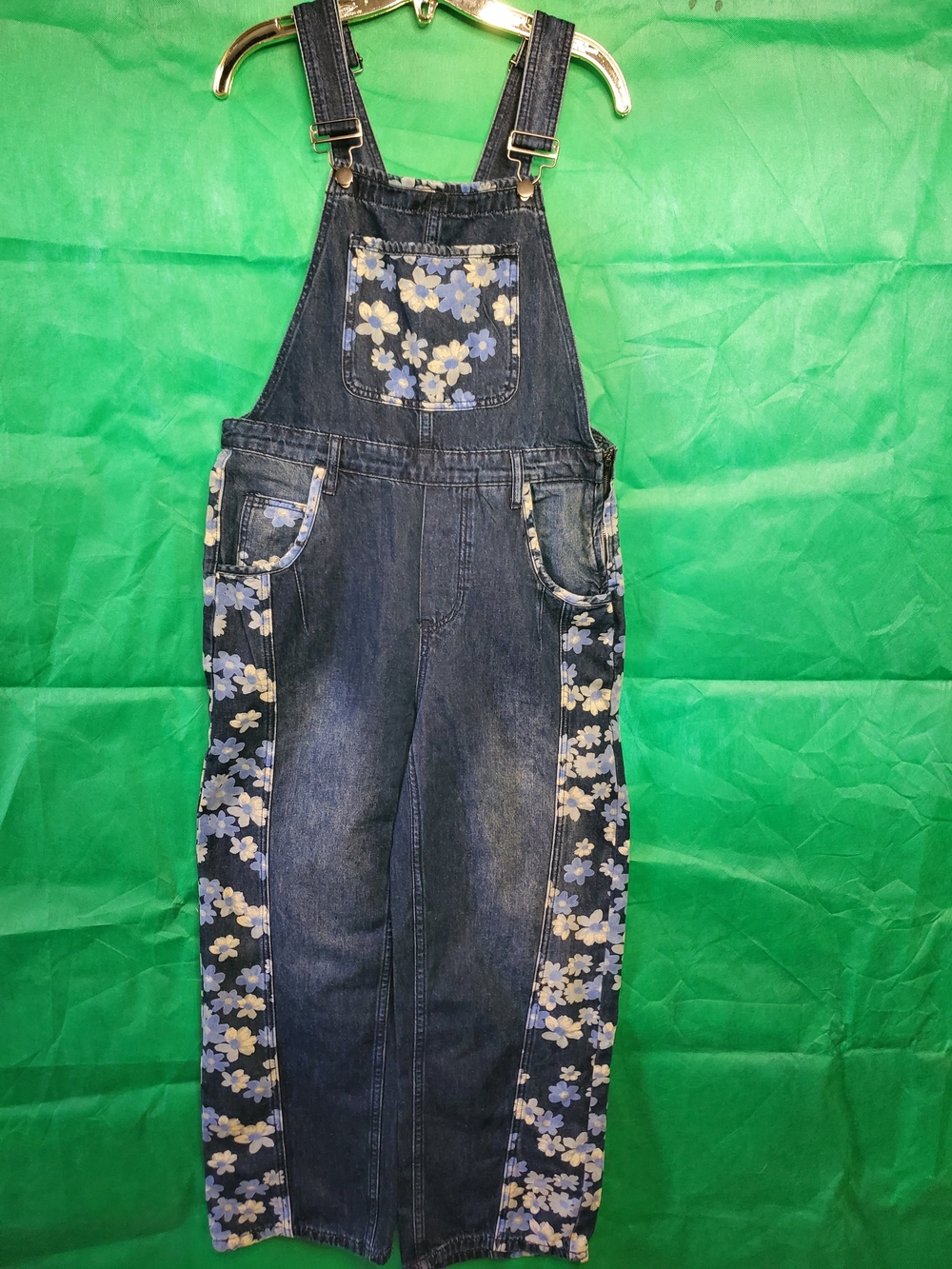 Denim Floral-Trim Overalls - Blue
